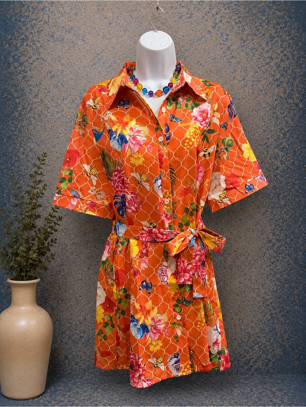 Endless MCON- Floral Orange Button-Front Shirt Dress with Belt